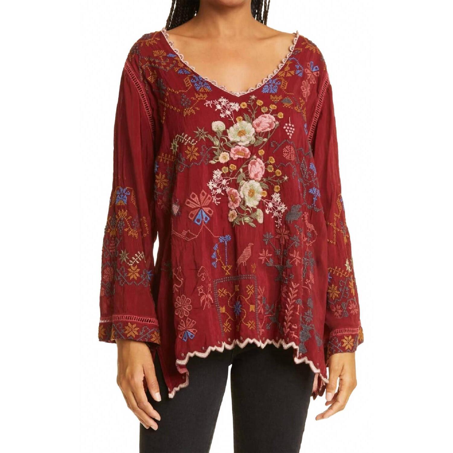 New Johnny Was Canterie Long Sleeve Blouse In Garnet